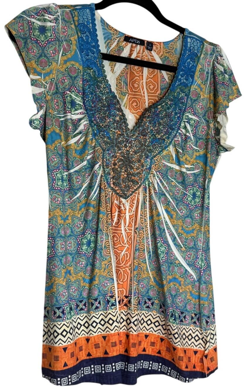 Apt 9 Y2K Paisley Boho Embellished Flutter Sleeve Top Small Blue Orange